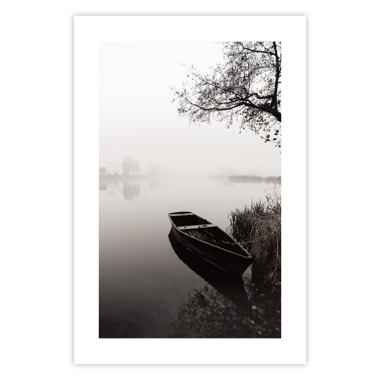 Wall Poster Harbor Under the Tree - black and white misty lake landscape with a boat 130348 additionalImage 25