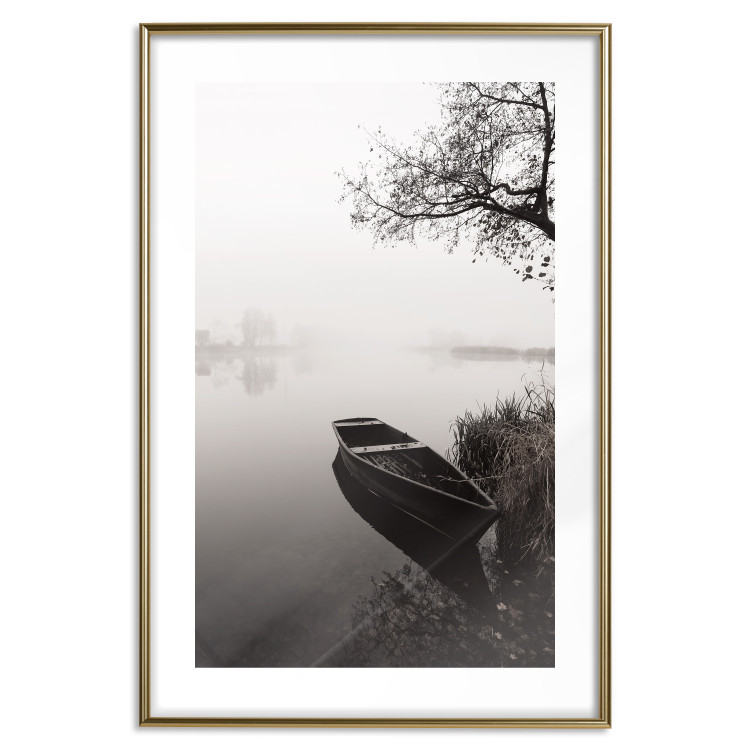 Wall Poster Harbor Under the Tree - black and white misty lake landscape with a boat 130348 additionalImage 16