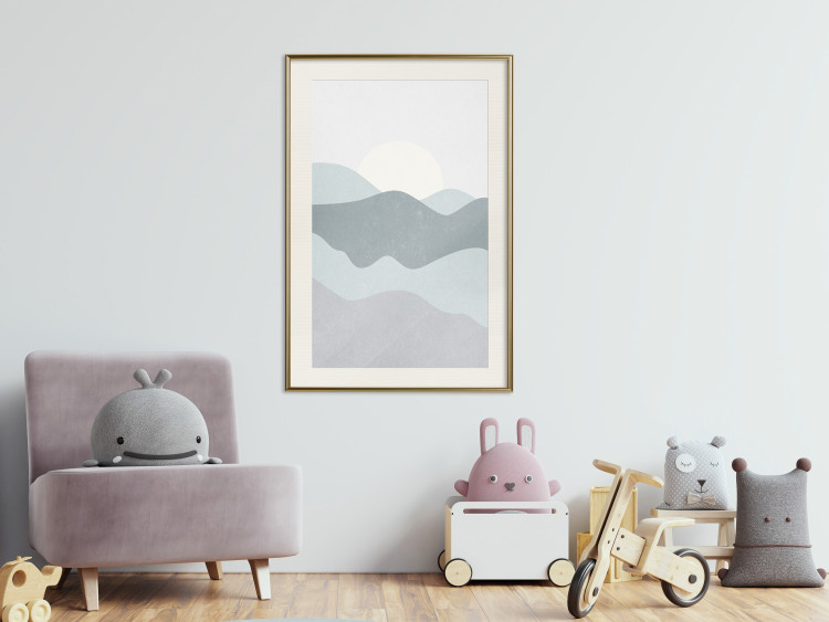 Poster Sun over Mountains - abstract gray landscape of hills with sun 130548 additionalImage 22