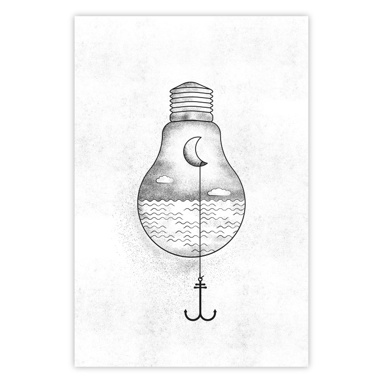 Poster Anchored Moon - white light bulb composition with sea and moon 131948