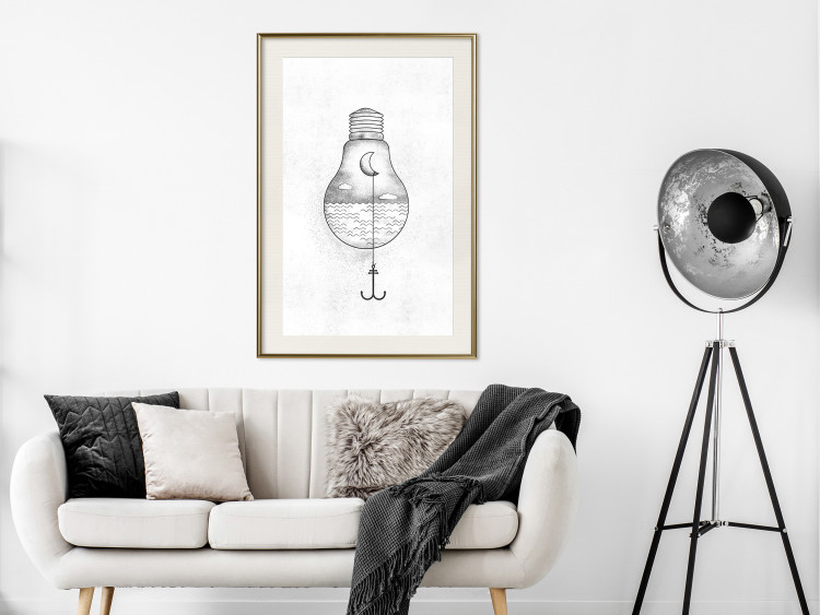 Poster Anchored Moon - white light bulb composition with sea and moon 131948 additionalImage 21