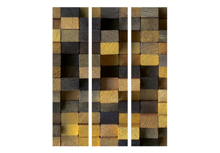 Folding Screen Wooden Cubes - wooden texture in checkered pattern with geometric figures 133648 additionalImage 3