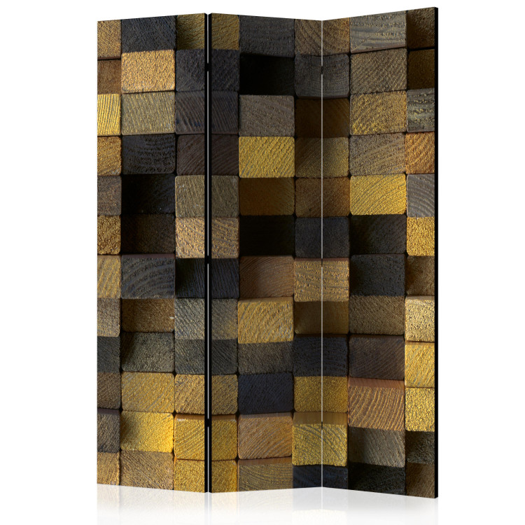 Folding Screen Wooden Cubes - wooden texture in checkered pattern with geometric figures 133648
