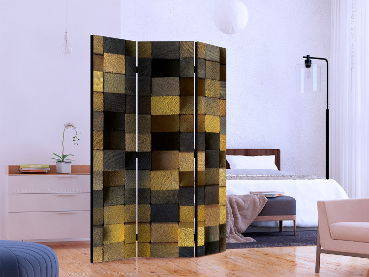 Folding Screen Wooden Cubes - wooden texture in checkered pattern with geometric figures 133648 additionalImage 2