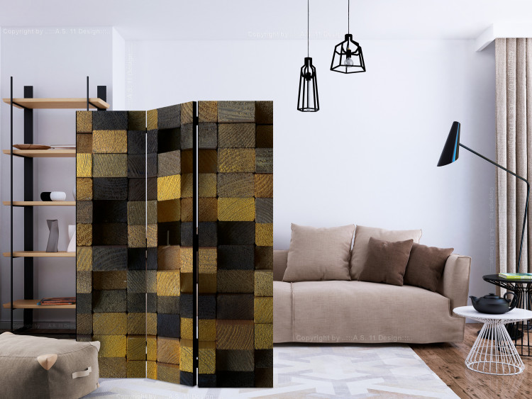 Folding Screen Wooden Cubes - wooden texture in checkered pattern with geometric figures 133648 additionalImage 4