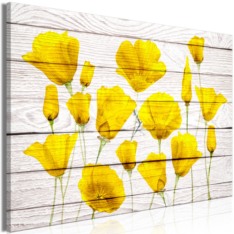 Canvas Art Print Yellow Flowers (1-piece) - lemon plants on a light wood background 144648 additionalImage 2