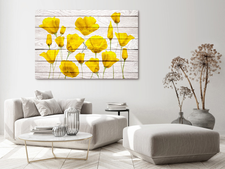 Canvas Art Print Yellow Flowers (1-piece) - lemon plants on a light wood background 144648 additionalImage 3