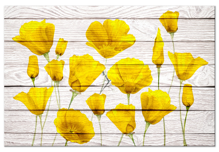 Canvas Art Print Yellow Flowers (1-piece) - lemon plants on a light wood background 144648