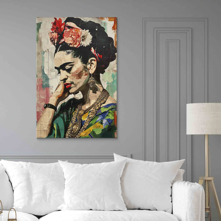 Canvas Art Print Frida Kahlo - A Colorful Portrait of a Woman on a Cracked Wall 152248 additionalImage 11