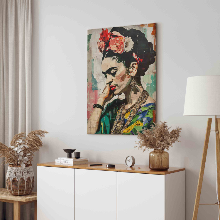 Canvas Art Print Frida Kahlo - A Colorful Portrait of a Woman on a Cracked Wall 152248 additionalImage 4