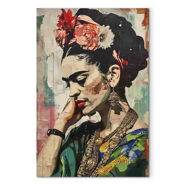 Canvas Art Print Frida Kahlo - A Colorful Portrait of a Woman on a Cracked Wall 152248 additionalImage 7