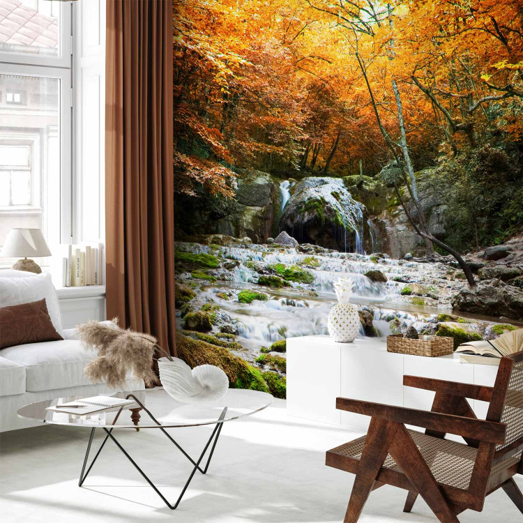 Photo Wallpaper Waterfalls - Landscape of Rocky River and Rocks in the Middle of an Autumn Forest 60048