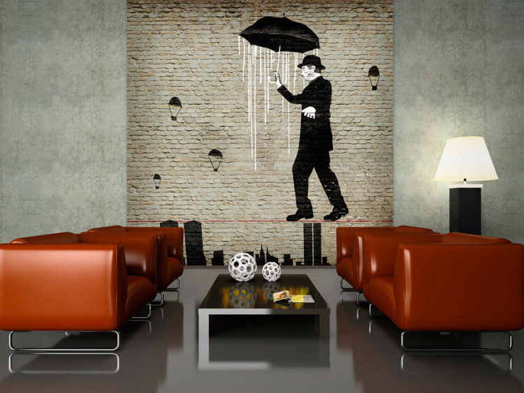 Wall Mural Charlie Chaplin - Mural with Silhouette of Man with Umbrella in Lines 60748