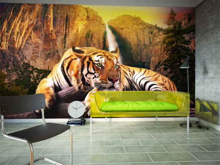 Wall Mural Peace of Nature - Beautiful tiger lying on rocks by a waterfall 61348