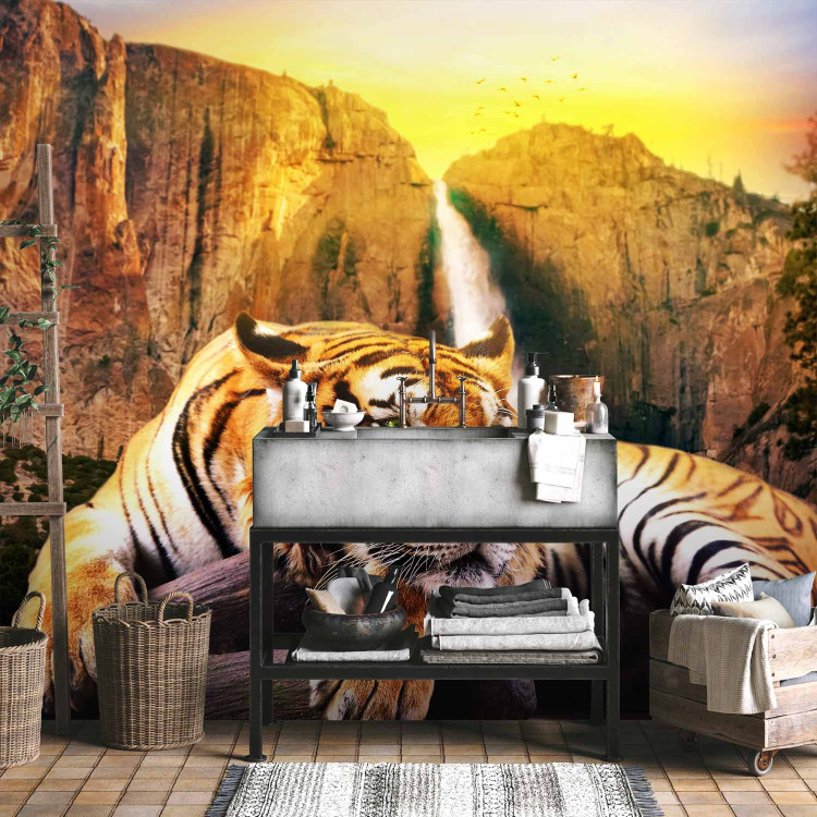 Wall Mural Peace of Nature - Beautiful tiger lying on rocks by a waterfall 61348 additionalImage 8