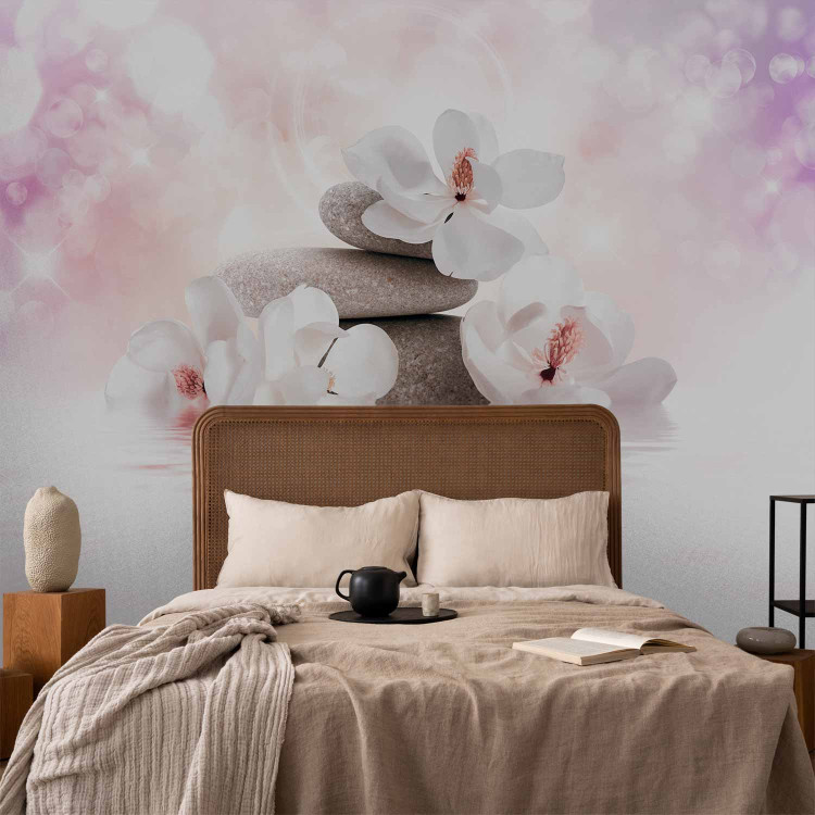 Wall Mural Orient - magnolia flower motif with zen stones on a purple background 87848 additionalImage 2