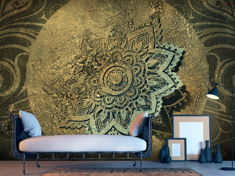 Photo Wallpaper Golden treasure - oriental motif with mandala on black background with golden ornaments 91348