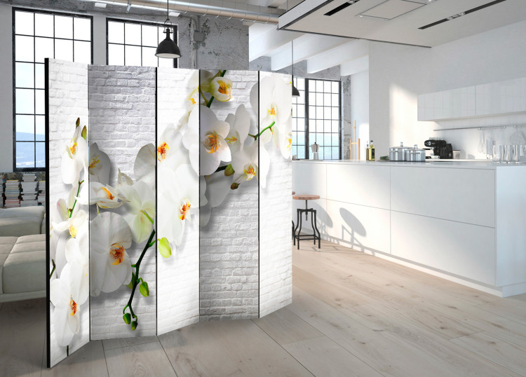Room Divider Screen Urban Orchid II - orchid flower on the background of a brick white wall 95648 additionalImage 2