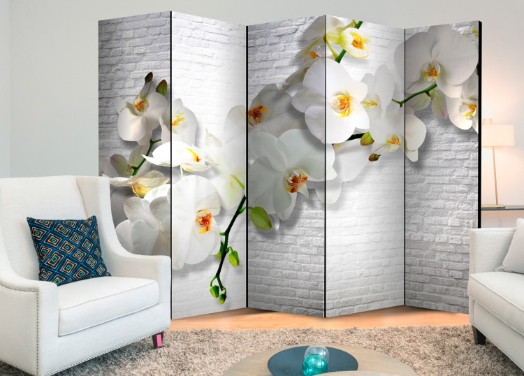 Room Divider Screen Urban Orchid II - orchid flower on the background of a brick white wall 95648 additionalImage 4