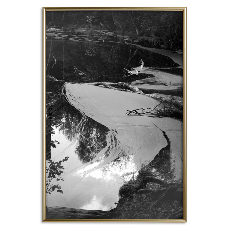 Wall Poster Pond - black and white landscape of a calm lake surface with gray streaks 115058 additionalImage 16