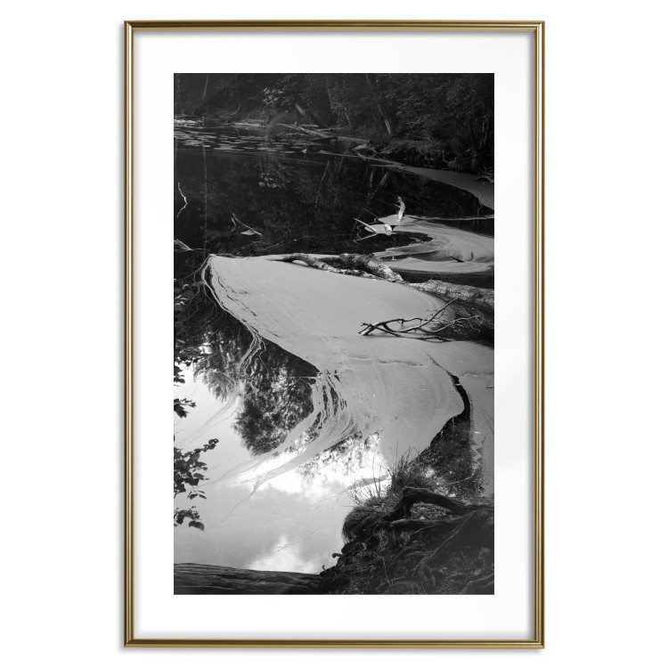 Wall Poster Pond - black and white landscape of a calm lake surface with gray streaks 115058 additionalImage 14