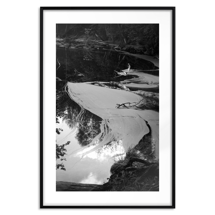 Wall Poster Pond - black and white landscape of a calm lake surface with gray streaks 115058 additionalImage 15