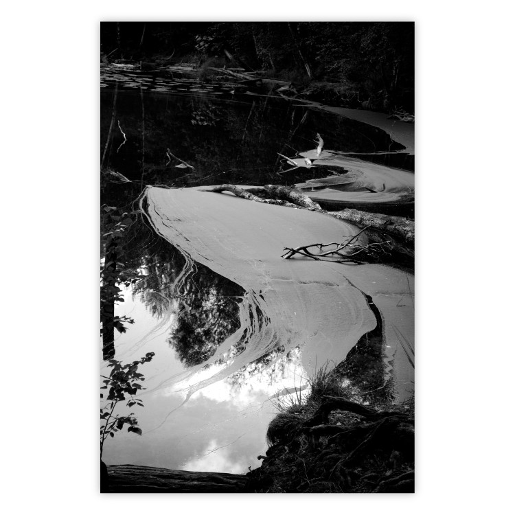 Wall Poster Pond - black and white landscape of a calm lake surface with gray streaks 115058