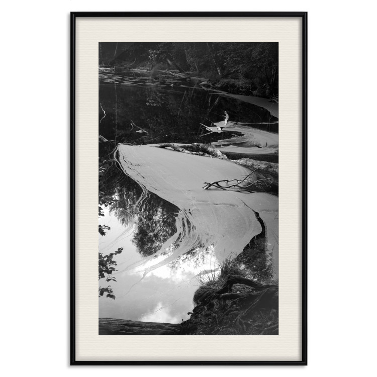 Wall Poster Pond - black and white landscape of a calm lake surface with gray streaks 115058 additionalImage 18