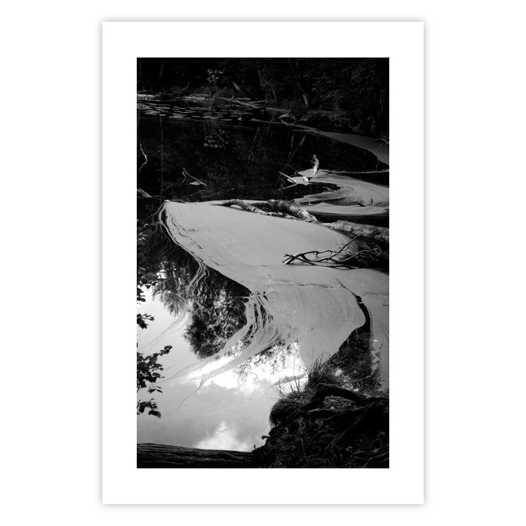 Wall Poster Pond - black and white landscape of a calm lake surface with gray streaks 115058 additionalImage 19
