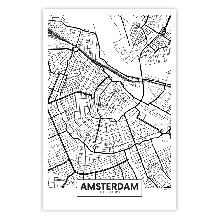 Wall Poster Map of Amsterdam - black and white city map with English labels 116358