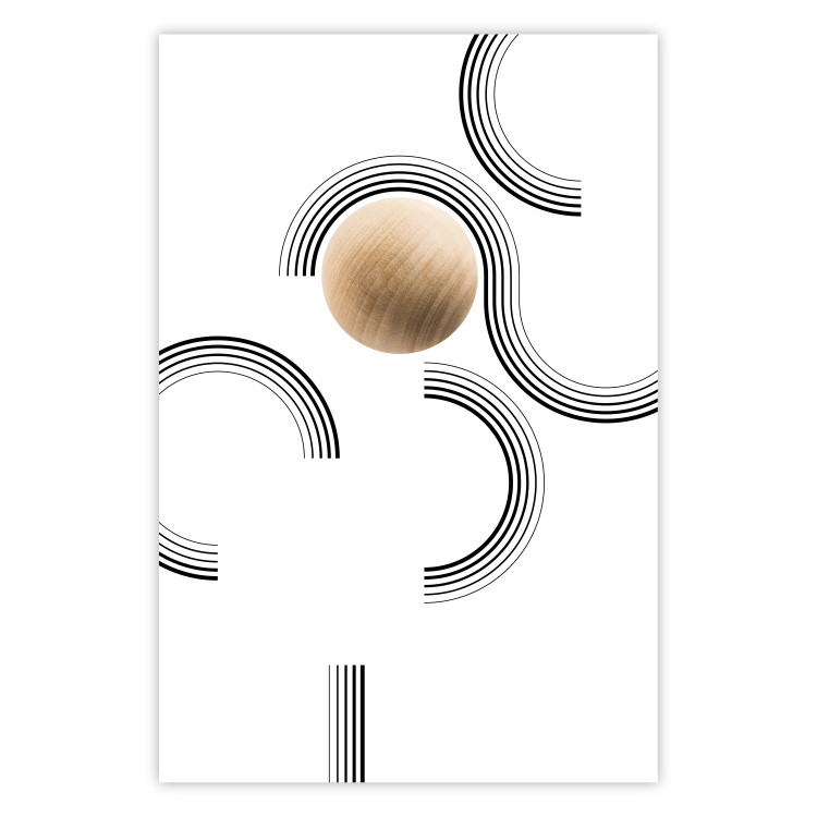 Poster Blocked Sphere - black and white geometric abstraction with wood 116558