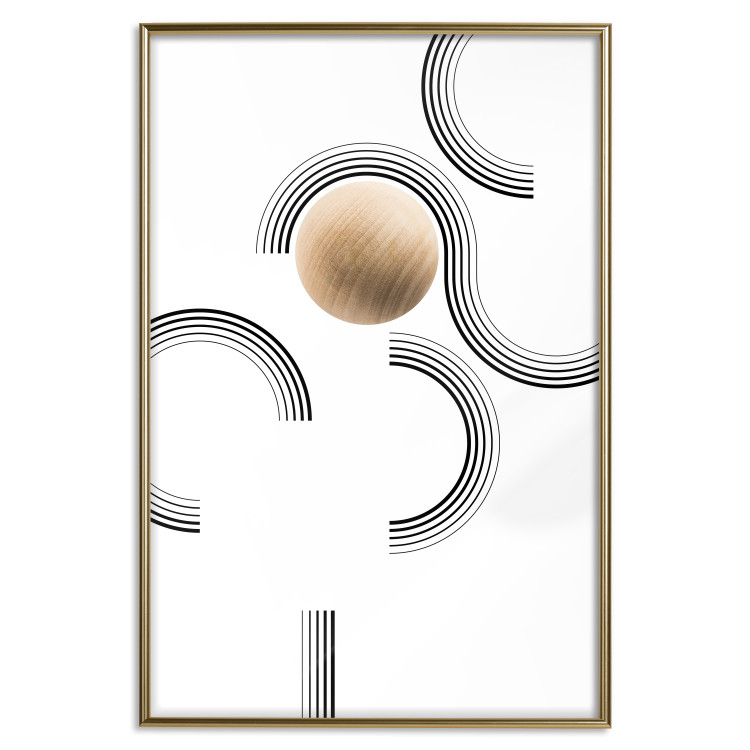 Poster Blocked Sphere - black and white geometric abstraction with wood 116558 additionalImage 16