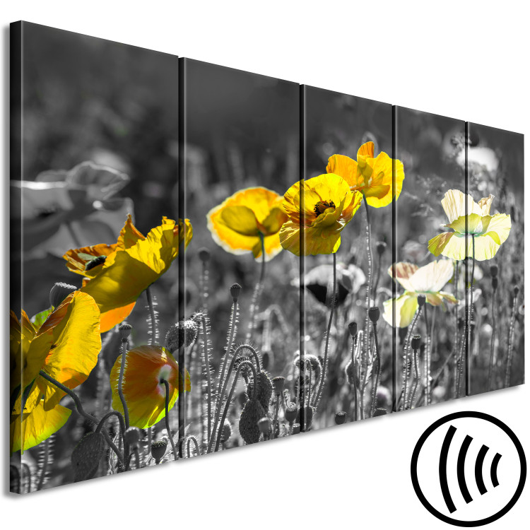 Canvas Art Print Yellow poppies in a grey meadow - 5-Piece photo with yellow flowers 123058 additionalImage 6
