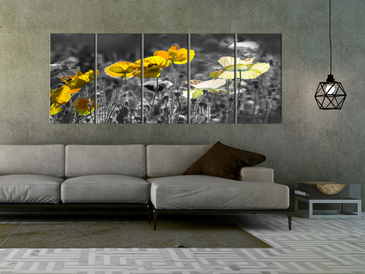 Canvas Art Print Yellow poppies in a grey meadow - 5-Piece photo with yellow flowers 123058 additionalImage 3