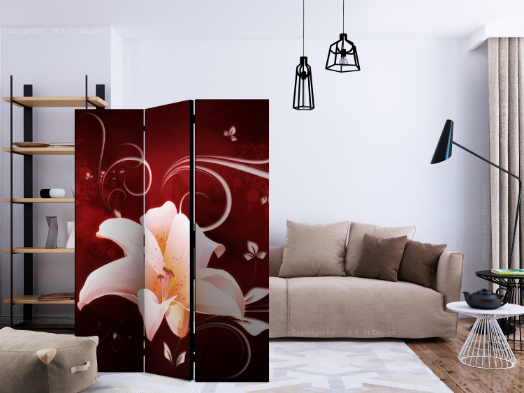 Room Divider Screen Love Message (3-piece) - beautiful white lily and red background 124058 additionalImage 4