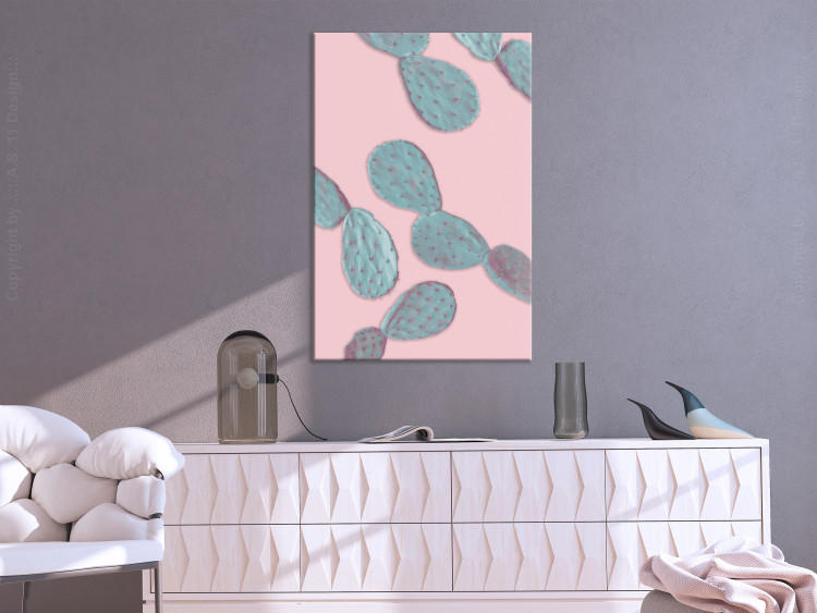 Canvas Art Print Pastel prickly pear - green cactus leaves on a pink background 128758 additionalImage 3
