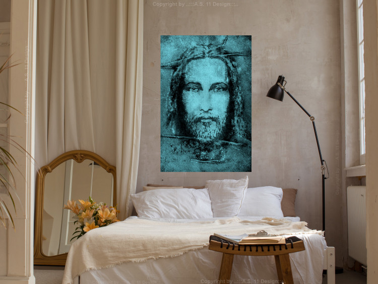 Poster Turin Shroud in Turquoise - sacred composition with a portrait of Jesus 129358 additionalImage 2