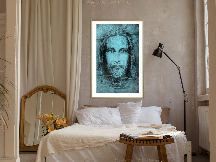Poster Turin Shroud in Turquoise - sacred composition with a portrait of Jesus 129358 additionalImage 13