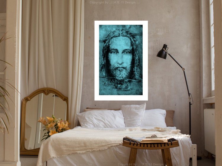 Poster Turin Shroud in Turquoise - sacred composition with a portrait of Jesus 129358 additionalImage 3