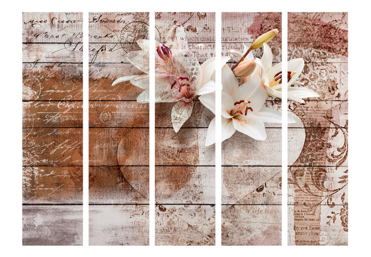Room Divider Screen Romantic Memories II (5-piece) - flowers and writings on wood 133558 additionalImage 3