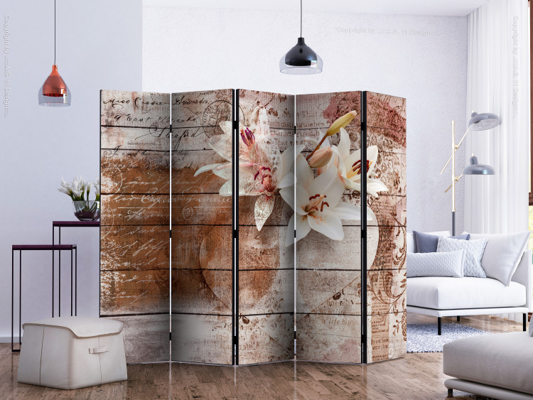 Room Divider Screen Romantic Memories II (5-piece) - flowers and writings on wood 133558 additionalImage 2