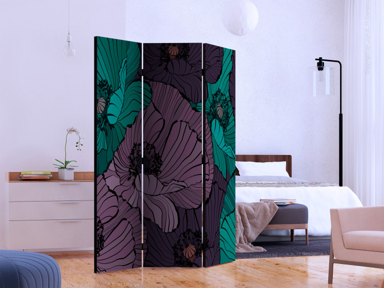 Folding Screen Flower Bed - blue and lilac poppy flowers in a comic style 133958 additionalImage 2
