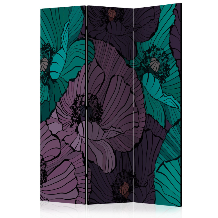 Folding Screen Flower Bed - blue and lilac poppy flowers in a comic style 133958