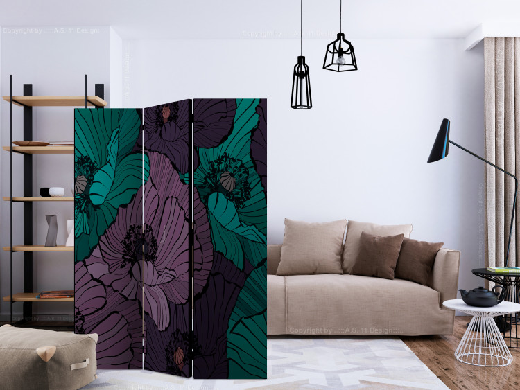 Folding Screen Flower Bed - blue and lilac poppy flowers in a comic style 133958 additionalImage 4