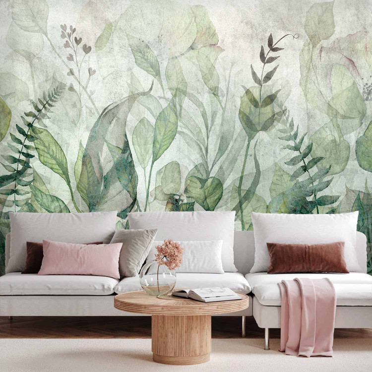 Photo Wallpaper Watercolour meadow - green leaf motif on a grey background 143858