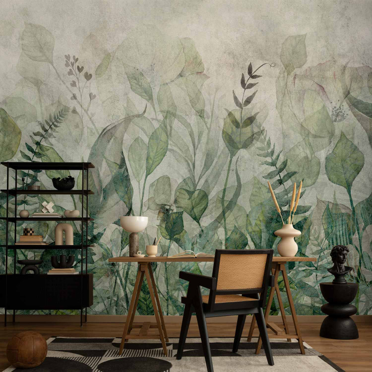 Photo Wallpaper Watercolour meadow - green leaf motif on a grey background 143858 additionalImage 4