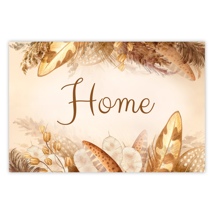 Poster Home - Inscription Among Dried Plants and Feathers in Warm Boho Shades 144758