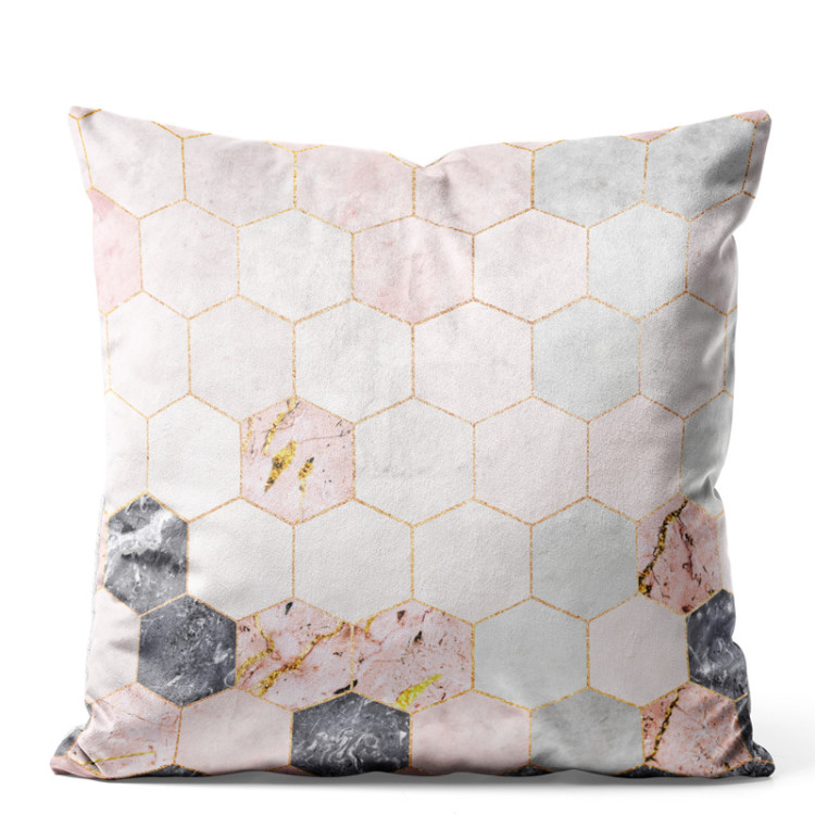Decorative Velor Pillow Marble hexagons - a marble glamour composition with golden pattern 147058