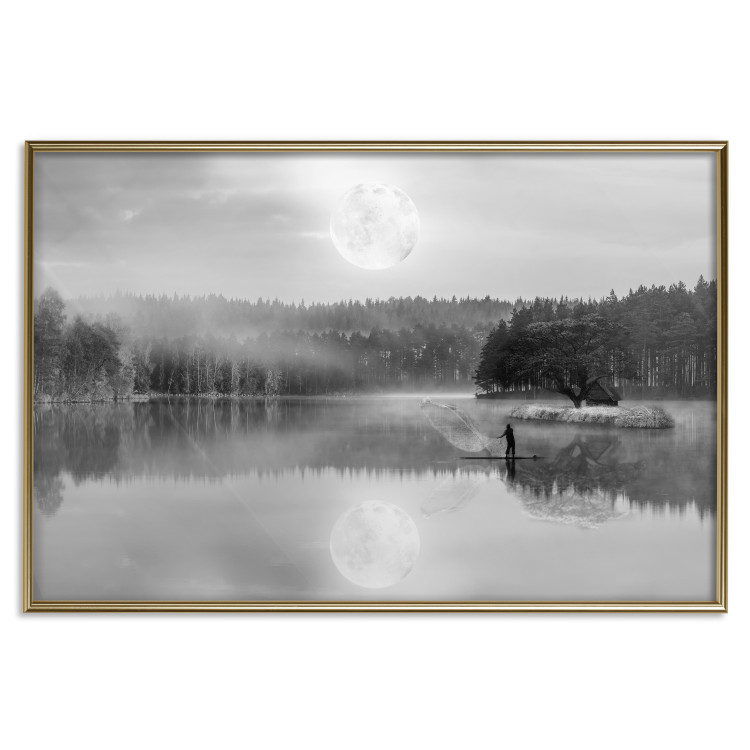 Wall Poster Night Landscape - Lake Illuminated by the Moonlight in Black and White 147658 additionalImage 17