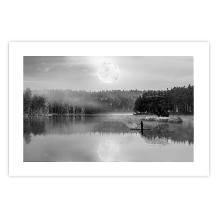 Wall Poster Night Landscape - Lake Illuminated by the Moonlight in Black and White 147658 additionalImage 21